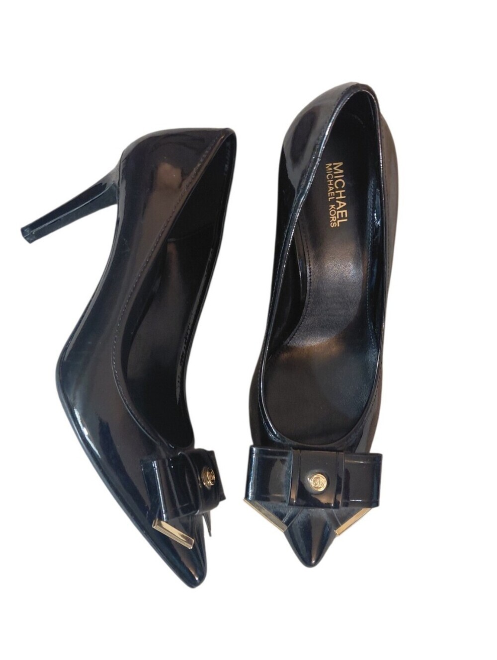 Michael Kors Black Patent Leather Pointed Toe Pumps with Bow and Gold 7.5